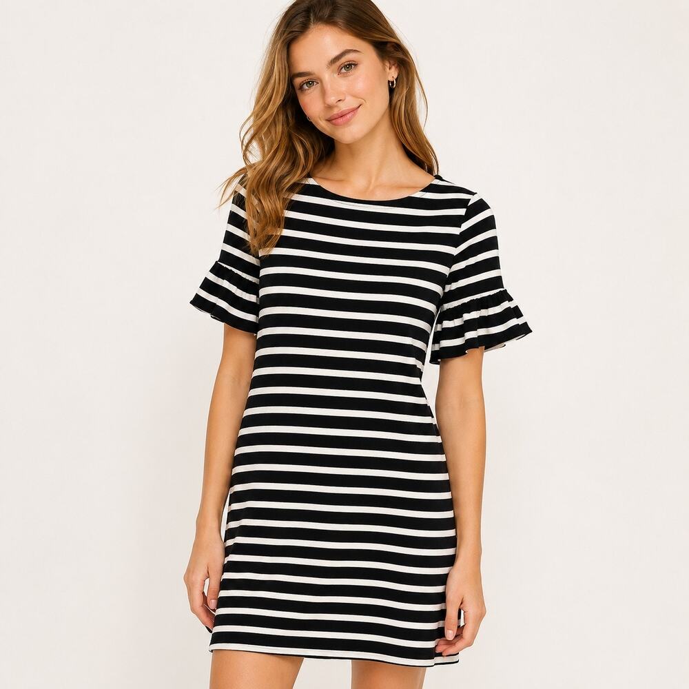 J Crew Striped Shift Dress Size XS Black White Ruffle Sleeve Preppy Nautical